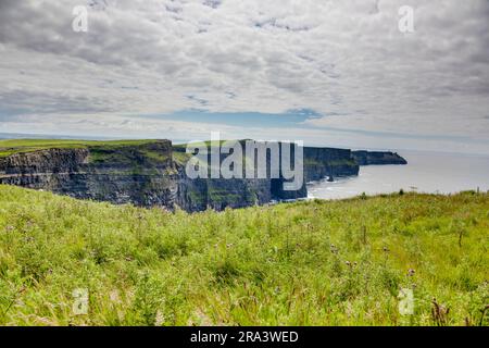 Panoramabild der Cliffs of Moher in Südwestirland während des Tages Stockfoto