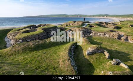 Skara Brae, ein prähistorisches Dorf auf den Orkney Isles, das 1850 entdeckt wurde und heute zum Weltkulturerbe gehört. Schottland, Großbritannien Stockfoto