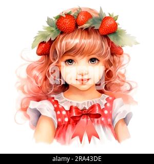 Aquarelle Illustrationen isoliert auf weißem Hintergrund, süßes Mädchen in roten Kleidern, Erdbeeren, Blumen und Erdbeerbüsche. Märchenfiguren Stockfoto