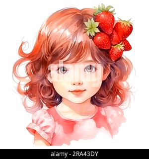Aquarelle Illustrationen isoliert auf weißem Hintergrund, süßes Mädchen in roten Kleidern, Erdbeeren, Blumen und Erdbeerbüsche. Märchenfiguren Stockfoto