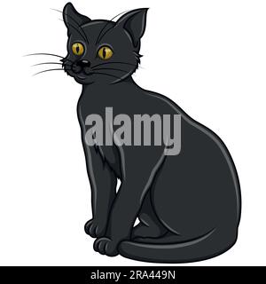 Schwarzes Katzenvektordesign, schwarze Katze im Cartoon-Stil, Hexenmaskottchen an Halloween Stock Vektor