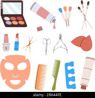Make-up-Werkzeuge. Frauenkosmetik. Maniküre und Pediküre, Kosmetikcreme, Bürsten, Nagellack, Schwamm, Haarkamm, Lippenstift. Vektordarstellung Stock Vektor