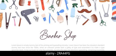 Friseurladen-Banner. Horizontaler Hintergrund für Barbershop. Barberstange, Rasierklinge, Haarschneider, Schere, Kamm, Sprühflasche. Vektordarstellung Stock Vektor