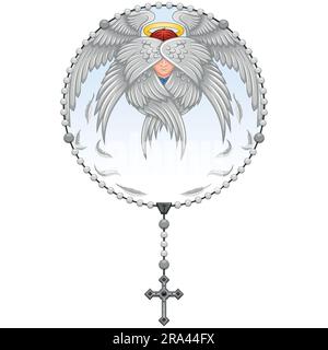 Vektordesign der Seraphim mit christlichem Rosenkranz, Symbol der katholischen Religion Stock Vektor