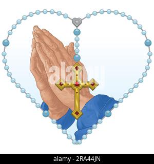 Vektordesign der Gebetshänder mit herzförmigem Rosenkranz, Rosenkranz mit christlichem Kreuz, Symbol der katholischen Religion Stock Vektor