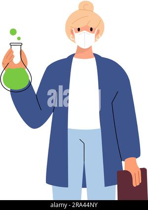 Junge Wissenschaftlerin mit Laborglas. Wissenschaftliche Laborforschung und -Entwicklung. Laborglasgeräte. Wissenschaftliches Forschungskonzept. Stock Vektor