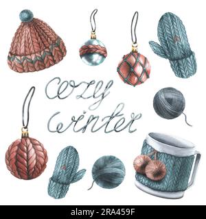 Strickmütze mit Fäustlingen, Becher, Weihnachtsbälle und Fadenbälle mit der Inschrift gemütlicher Winter. Aquarell, handgezeichnet. Satz von Stockfoto