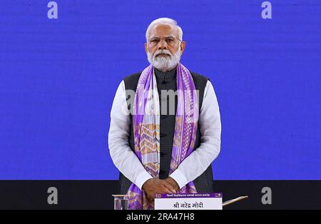 Neu-Delhi, Indien. 30. Juni 2023. NEU-DELHI, INDIEN - JUNI 30: Ministerpräsident Narendra Modi während der Abschiedsfeier der hundertsten Feierlichkeiten der Universität Delhi am 30. Juni 2023 in Neu-Delhi, Indien. (Foto: Raj K Raj/Hindustan Times/Sipa USA) Guthaben: SIPA USA/Alamy Live News Stockfoto