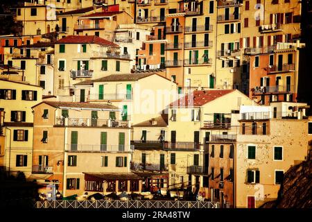 Die Nachmittagssonne spiegelt sich in den mehrstöckigen Häusern entlang der Küste der Cinque Terre in Manarola, Italien, wider. Stockfoto
