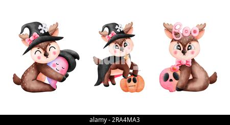 Verspielte halloween-Rentier-Kollektion. Hexenhut, Kürbis, rosa Geist, rosa Schädel, Buh-Buchstaben und Hexenumhang. Tierische Aquarellbilder. Stockfoto