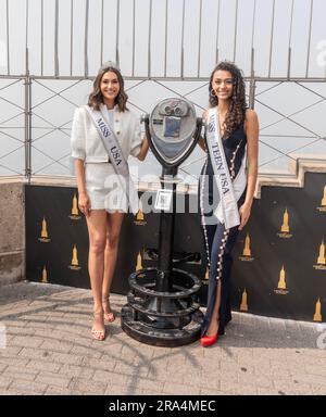 30. Juni 2023, New York, New York, USA: Miss USA 2022 Morgan Romano und Miss Teen USA 2022 Faron Medhi nehmen am 30. Juni 2023 an der feierlichen Beleuchtung des Empire State Building in New York Teil. (Kreditbild: © Lev Radin/Pacific Press via ZUMA Press Wire) NUR ZUR REDAKTIONELLEN VERWENDUNG! Nicht für den kommerziellen GEBRAUCH! Stockfoto