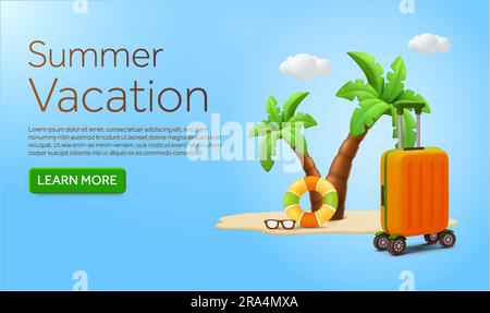 3D Palmen oder Kokospalmen mit Koffer oder Gepäck, Inselsand, Rettungsboot, Sonnenbrille, Wolke, Isolierter Hintergrund. Bannerkonzept für Reise, Reise, Sommer, Urlaub, Buchung, Resort. Vektorillustrion. Vektordarstellung Stock Vektor