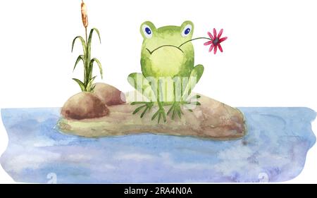 Ein komischer Frosch mit einer Blume im Mund sitzt auf dem Rasen. Aquarell-Darstellung der Kinder. Zeichentrickfilm. Stock Vektor