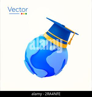 hut, isoliert auf weißem Hintergrund. Konzept für Studium im Ausland, internationaler Student, Hochschule, Universität, Akademie. 3D-Vektordarstellung. Vektordarstellung Stock Vektor