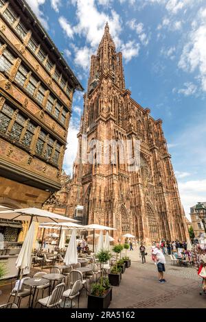 Straßburg, Frankreich - 19. Juni 2023: Straßburger Kathedrale vom Domplatz aus gesehen mit alten Fachwerkhäusern Stockfoto