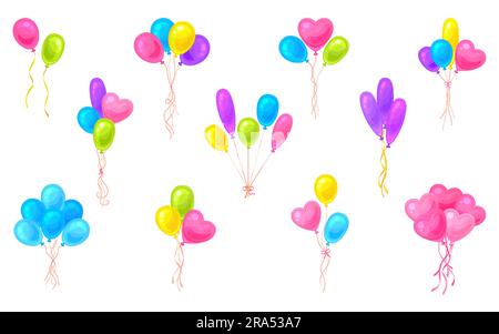Weihnachtsballon Bunch farbenfrohes Cartoon-Flachset. Dekor zum valentinstag Geburtstagsparty Karneval fliegender Heliumballon Bund rund ovales Herzband Pink Lila Blau gelb Grün isoliert Stock Vektor