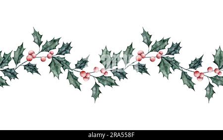 Weihnachtlicher nahtloser Rand von Ileexzweigen mit roten Beeren. Smaragdholly-Blätter. Botanical Winterberry Endless Banner. Handgemalte Aquarelle Stockfoto