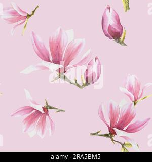 Aquarell Nahtloses Muster Rosa Hintergrund handgemalte Illustration Magnolie Stockfoto