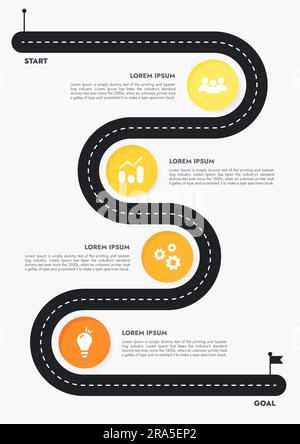 Infografik-Vorlage für Präsentationen und Funktionen Datenvisualisierung umfasst ein Prozessdiagramm mit Diagrammen, Schritten und Optionen. Das Konzept für Marketi Stockfoto