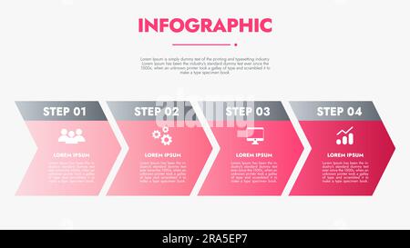 Infografik-Vorlage für Präsentationen und Funktionen Datenvisualisierung umfasst ein Prozessdiagramm mit Diagrammen, Schritten und Optionen. Das Konzept für Marketi Stockfoto
