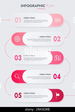 Infografik-Vorlage für Präsentationen und Funktionen Datenvisualisierung umfasst ein Prozessdiagramm mit Diagrammen, Schritten und Optionen. Das Konzept für Marketi Stockfoto