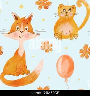 Fröhliche rote Katze und Fuchs mit Blumen und einem Ballon. Nahtloses Kindermuster mit Tieren. Die Abbildung wird von Hand gezeichnet. Stockfoto