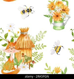 Ein Fuchs in der Nähe eines Bienenstocks mit Blumen. Wasserfarbenes, nahtloses Muster mit Bienen, einem Fuchs und einem Strauß von Sonnenblumen in einer Gießkanne aus Metall. Kinderdesign Stockfoto