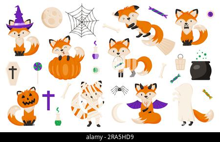 Lustige Füchse in Halloween-Kostümen. Vektordarstellung von Hexe, Jack-o-Lantern, Geist, Mumie, Teufel, Ein Vampir. Gruselige Weihnachtssymbole - Spinnennetz Stock Vektor