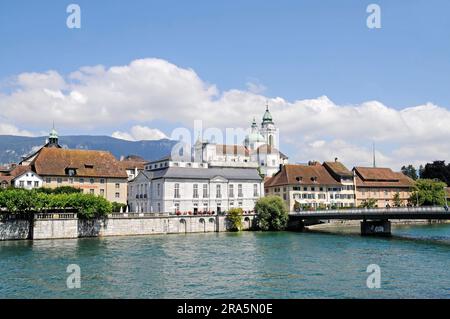 Stadttheater, Ursenkathedrale, St. Ursen Kathedrale, Fluss Aare, Palais Besenval, Solothurn, Schweiz Stockfoto