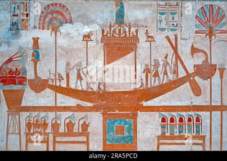 Wandgemälde eines Boots, Tempel Sethos, Abydos, Ägypten I Wandgemälde, die eine Barque darstellen, Tempel Sethos I, Abydos, Ägypten Stockfoto