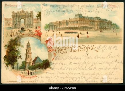 Europa, Deutschland, Brandenburg, Potsdam, Postkarte mit dem Titel : " Gruss aus Potsdam " , mit Illustrationen vom Brandenburger Thor, Garnisonkirche und Stadtschloss , verschickt 1902 , Künstler unbekannt, herausgegeben von der Kunstanstalt J. Miesler, Berlin S. / Europa, Deutschland, Brandenburg, Potsdam, Postkarte mit dem Titel : " Grüße aus Potsdam ", mit Illustrationen aus dem Stadtpalast, dem Brandenburger Tor und der Garnisonkirche , gesendet 1902, Künstler unbekannt, Verlag J. Miesler, Berlin S. Stockfoto