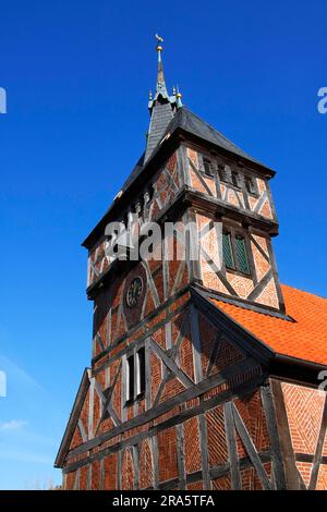 Kirchturm, Kirche St. Mary, Tripkau, Niedersächsisches Elbtal Biosphärenreservat, Elbtal, Amt Neuhaus, Niedersachsen, Deutschland Stockfoto