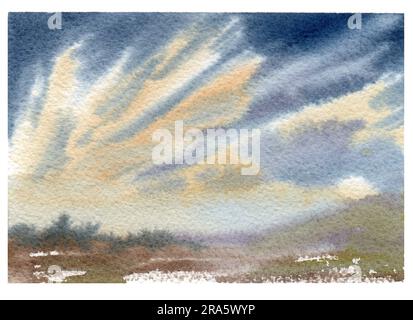 Landschaft mit Wolken am Himmel, eine große Ausdehnung. Federwolken. Aquarelldarstellung, handgezeichnet auf Aquarellpapier. Ungleichmäßige Kante. Stockfoto