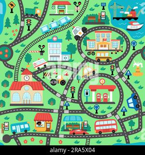 Nahtloses Muster der Stadtverkehrskarte. Ich wiederhole den Hintergrund mit Eisenbahn, Straßen, Verkehrsschildern für Kinder. Vektorstruktur mit Zug, Autos, Straßenbahn, Lkw. U Stock Vektor