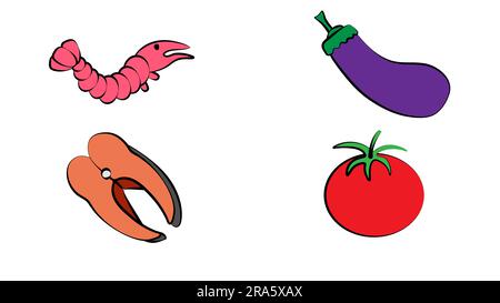 Flache Vektordarstellung von Gemüse und Meeresfrüchten auf farbenfrohem Hintergrund. Zeichentrickfilm. Elemente für die Konstruktion. Gesundes Essen Set. Organisch. Isoliert. Fis Stock Vektor