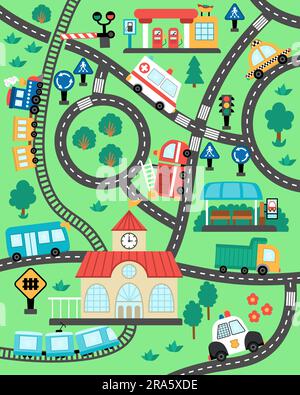 Stadtverkehrskarte. Hintergrund mit Eisenbahn, Straßen, Verkehrsschildern für Kinder. Vektorinfografieelemente mit Zug, Auto, Lkw, Bus. Stadtplan mit Stock Vektor