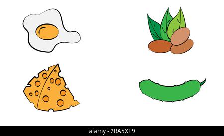 Set aus verschiedenen diätetischen Lebensmitteln: Gemüse, Obst, Fleisch, Fisch, Gemüse, Käse, Nüsse, Beeren. Sammlung frischer ökologischer/biologischer Lebensmittel für die Ernährung, Gewichtsverlust, Stock Vektor