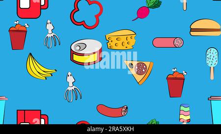Endloses blaues, nahtloses Muster aus einer Reihe von Ikonen mit köstlichen Speisen und Snacks für ein Restaurant-Bar-Café: Pizza, Wurst, Gemüse, Käseeis Stock Vektor