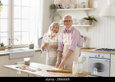 Positiv pensioniertes, grauhaariges Paar, das Kochen und kulinarische Aktivitäten genießt Stockfoto