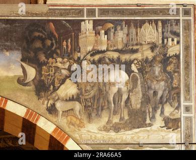 Details von der rechten Seite der Pisanello-Gemälde von St. George und der Prinzessin, 1433-1438; Pellegrini-Kapelle, Basilika der Heiligen Anastasia Verona Italien. Stockfoto