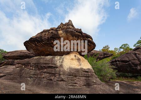 Die Morgensonne scheint auf die vielen großen, wunderschönen Felsen, die die Klippen säumen. Zahlreiche seltsam geformte Felsen auf den Klippen. Eine große Zahl Stockfoto