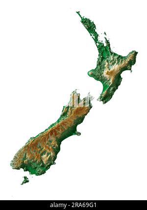 Neuseeland. Sehr detailliertes 3D-Rendering schattierter Reliefkarten mit Flüssen und Seen. Farbig nach Höhe. Rein weißer Hintergrund. Satellitendaten. Stockfoto