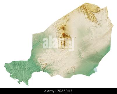 Niger. Sehr detailliertes 3D-Rendering schattierter Reliefkarten mit Flüssen und Seen. Farbig nach Höhe. Rein weißer Hintergrund. Satellitendaten. Stockfoto