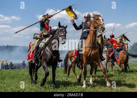 Chlum, Tschechische Republik. 01. Juli 2023. Die Schlacht von Königgratz, die 1866 zwischen österreichischen und preußischen Soldaten stattfand, wurde am 1. Juli 2023 auf dem Schlachtfeld in Chlum, Tschechische Republik, nachgestellt. Kredit: David Tanecek/CTK Photo/Alamy Live News Stockfoto