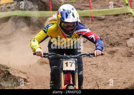 Jess Blewitt (NZL) in Aktion während des DH Elite Women Race, bei der UCI MTB Weltmeisterschaft 2023, Val di Sole Stage am 01. Juli 2023 in Val di Sole, Trient, Italien. Kredit: Live Media Publishing Group/Alamy Live News Stockfoto