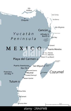 Cancun, Cozumel und Riviera Maya, Mexiko, graue politische Karte. Cancun, Stadt an der Küste der Halbinsel Yucatan, nördlich von Riviera Maya, einem Resort an der Karibikküste. Stockfoto