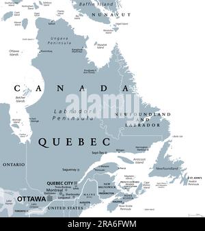Quebec, größte Provinz im Osten Kanadas, graue politische Karte. Größte Provinz in Zentralkanada mit Hauptstadt Quebec City.