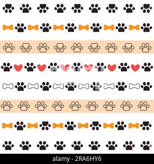 Tierpfotenrand. Katzen- oder Hundeabmessungen nahtlose Ränder für Designausdrucke. Süße Vektordarstellung mit Pfoten, Knochen und Herzen. Stock Vektor