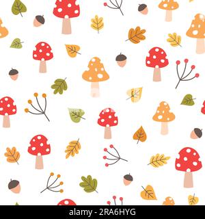Süßes, nahtloses Pilzmuster. Herbsthintergrund mit Pilzen, Herbstblättern und Eicheln. Vektordarstellung. Stock Vektor