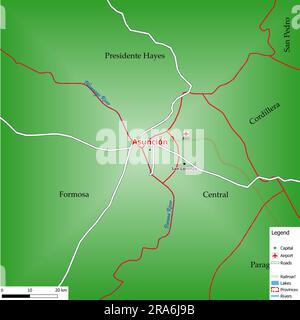 Karte der Hauptstadt Asunción mit Hauptstraßen, Flüssen, Seen, städtischen Gebieten und Namen der Bezirke in der Nähe Stockfoto